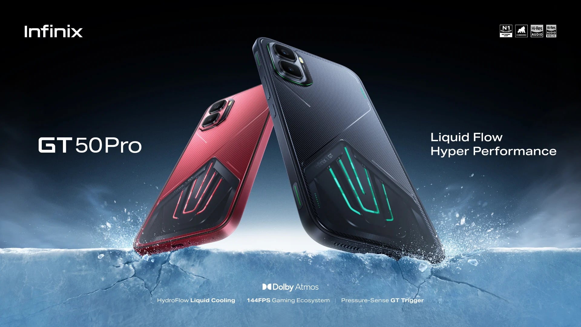 Infinix GT 50 Pro in Red Blaze and Black Abyss, official backs with RGB camera rings